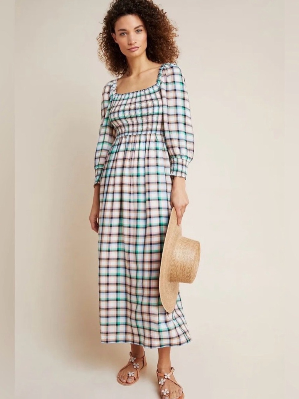 Anthropologie Maeve Plaid Smocked Midi Dress in Green/Brown/Pink/Cream- Size L